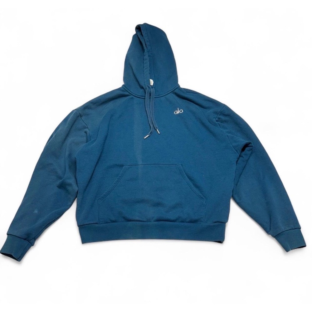 Alo Yoga Accolade Hoodie Teal Blue Chrome Logo Sweatshirt S